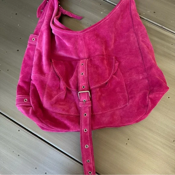 Jill Stuart Hot Pink Suede Slouch Purse Bag - Picture 2 of 6
